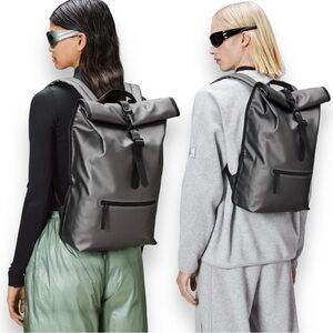 NWT Rains Waterproof Rolltop Rucksack Laptop Pocket Backpack In Metallic Gray
